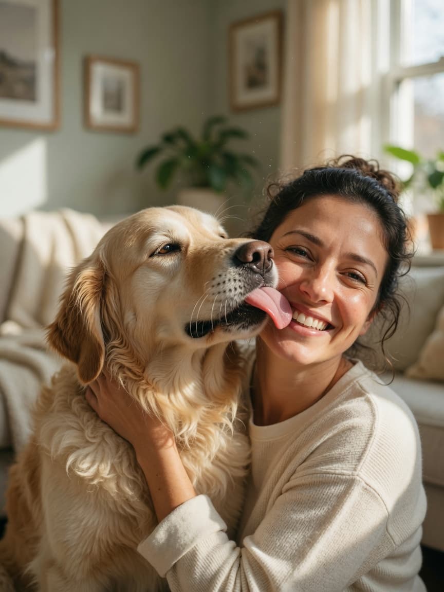 A joyful dog licking its owner's face during a warm greeting moment, illustrating the social bonding aspect of dog licking behavior