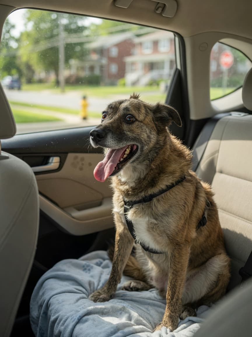 Anxious dog panting and trembling in car back seat during travel
