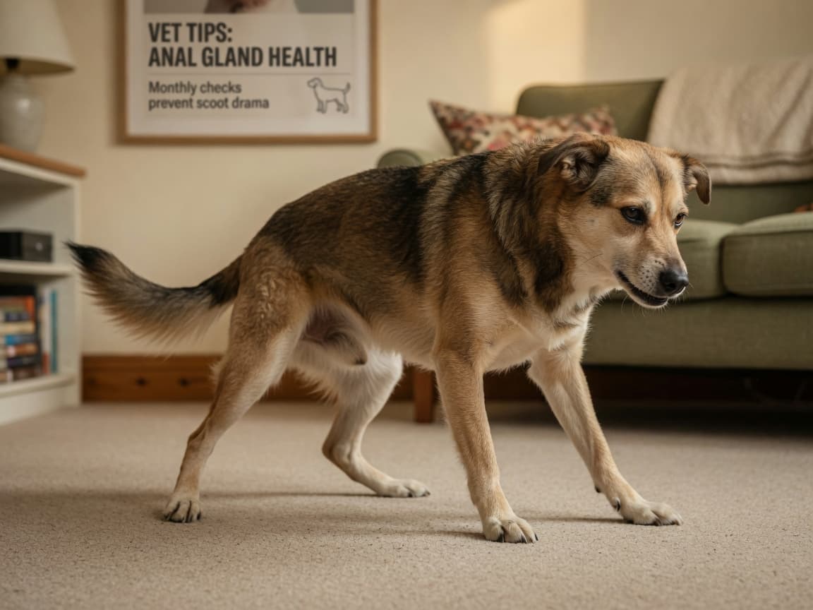 Dog scooting on carpet with rear dragging while front paws stay in place, showing typical discomfort behavior