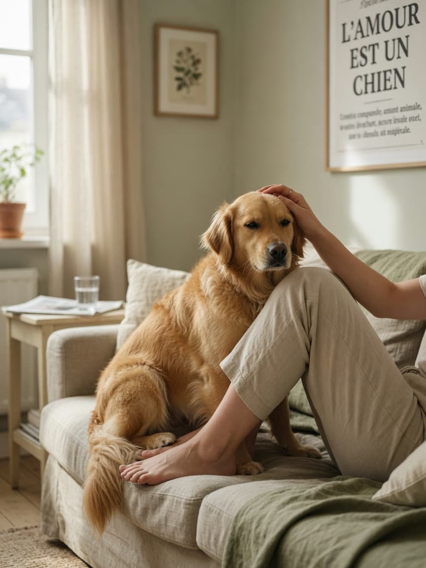 Golden dog sitting on owner's feet on a sofa, showing canine bonding behavior