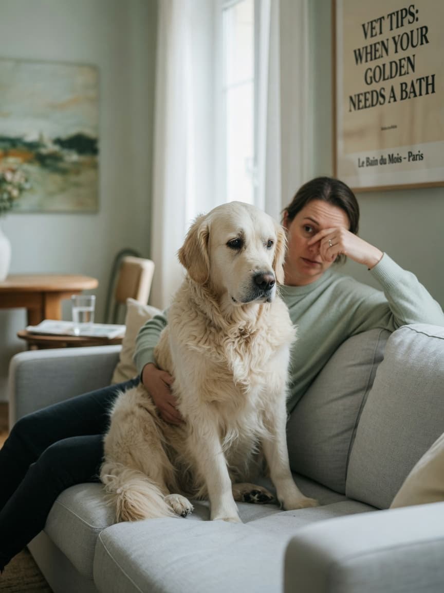 A cream-colored Golden Retriever sitting on a sofa while the owner pinches their nose in mild disgust at the dog's odor