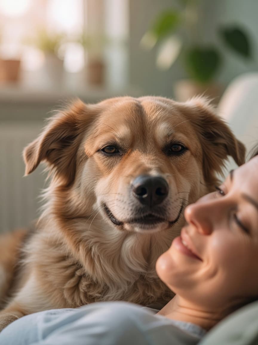 Close-up of a dog and owner making soft eye contact, demonstrating the bonding gaze that triggers oxytocin release