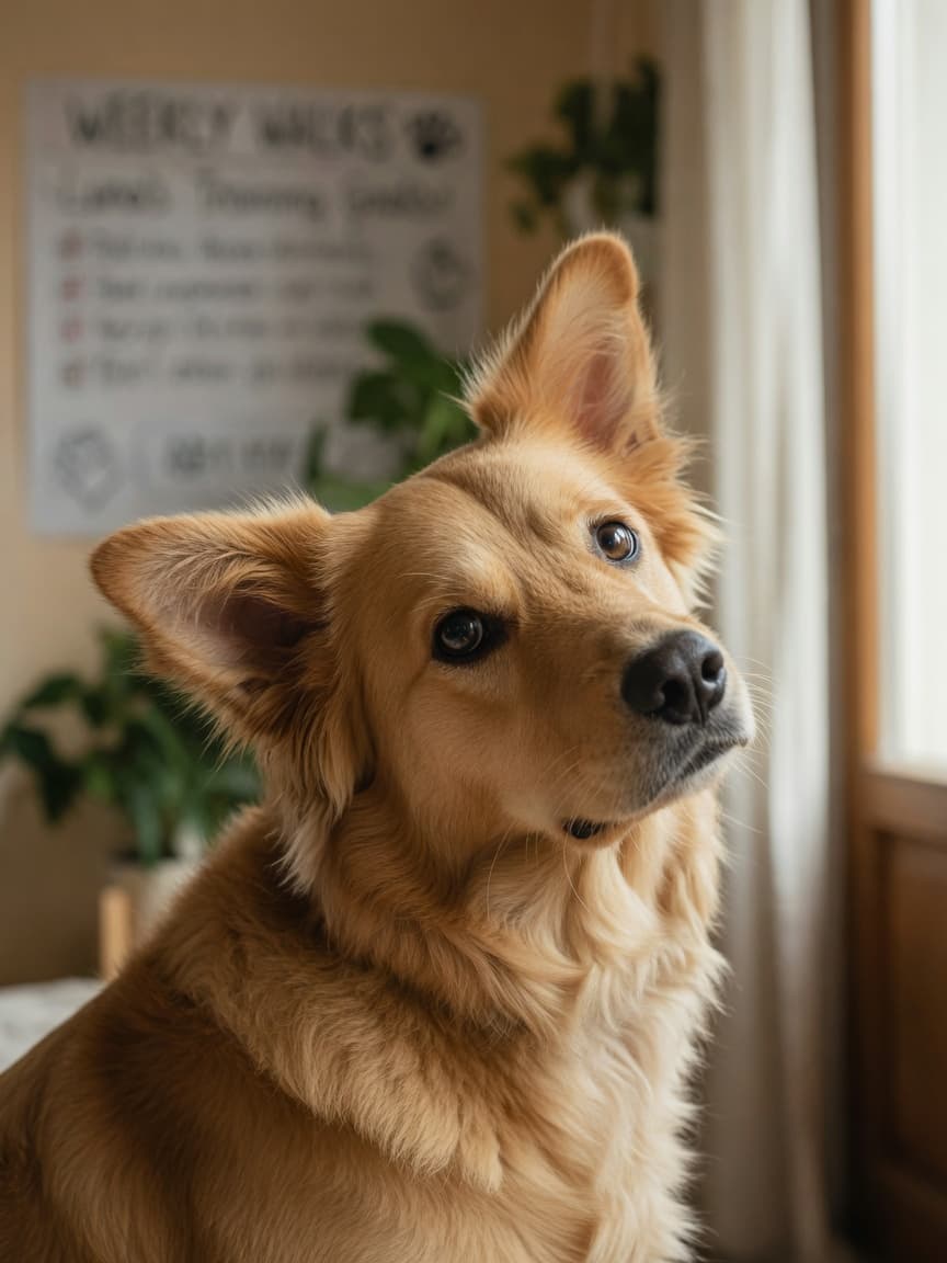 Golden Retriever with feathered coat tilting head to one side with alert, engaged expression
