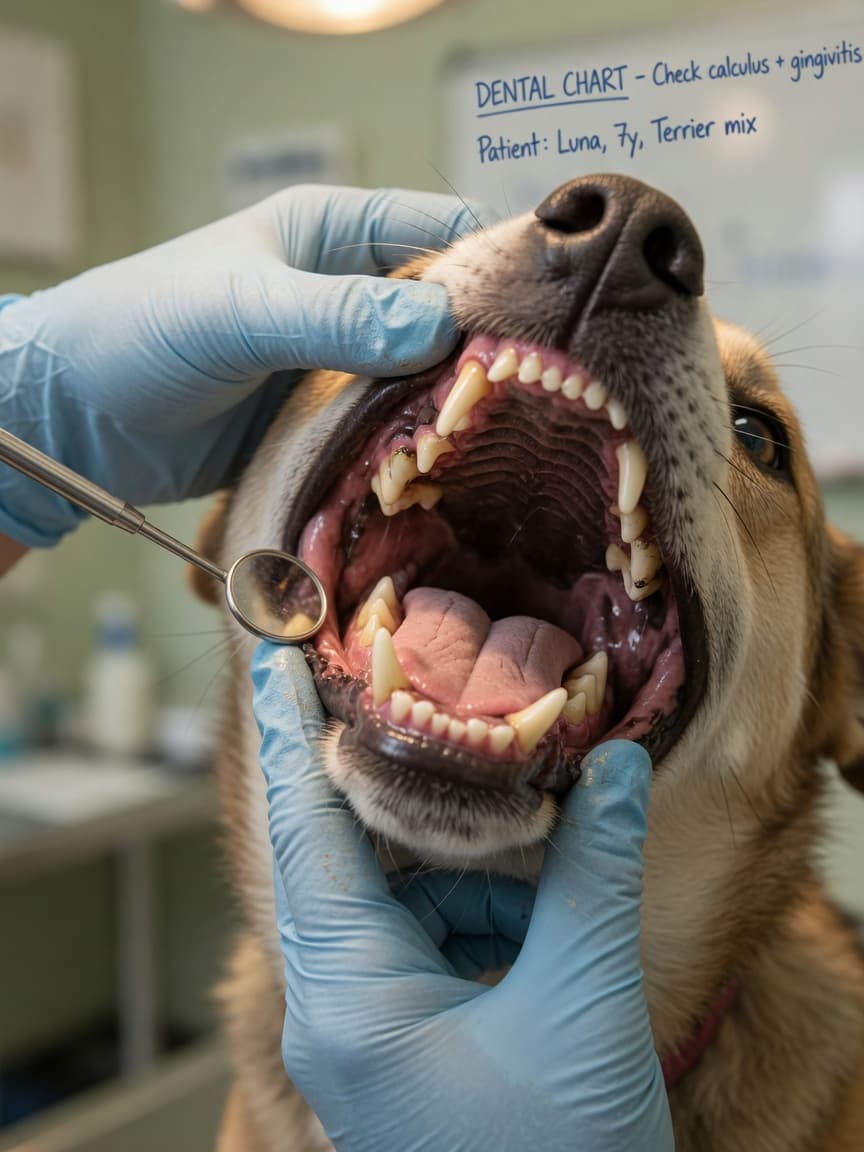 Veterinarian examining a dog's open mouth during an oral health inspection