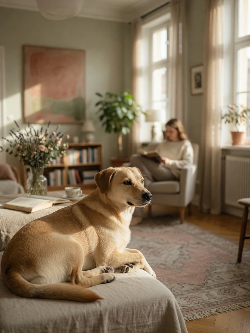 A calm dog sitting quietly in a sunlit living room, expressing contentment through peaceful body language rather than barking