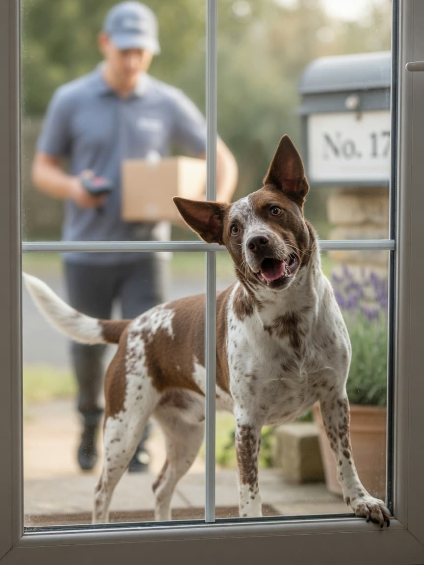 Alert dog barking at door while delivery person approaches outside