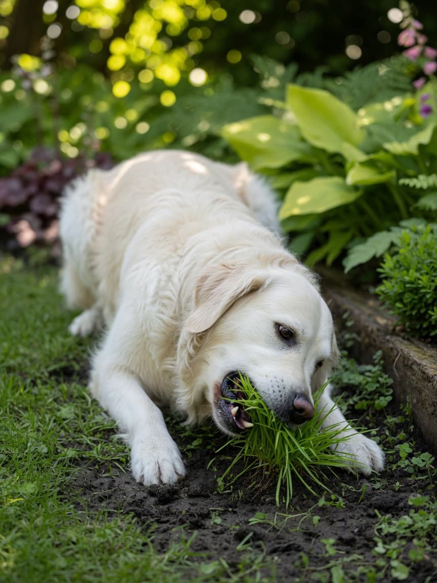 Golden retriever eating grass in a garden with natural sunlight