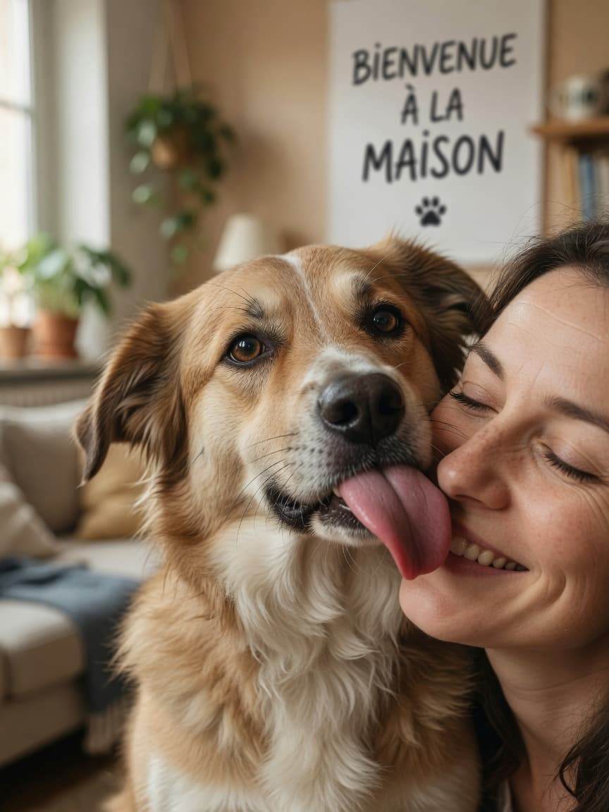 Dog licking woman's face affectionately, close-up showing genuine bonding moment