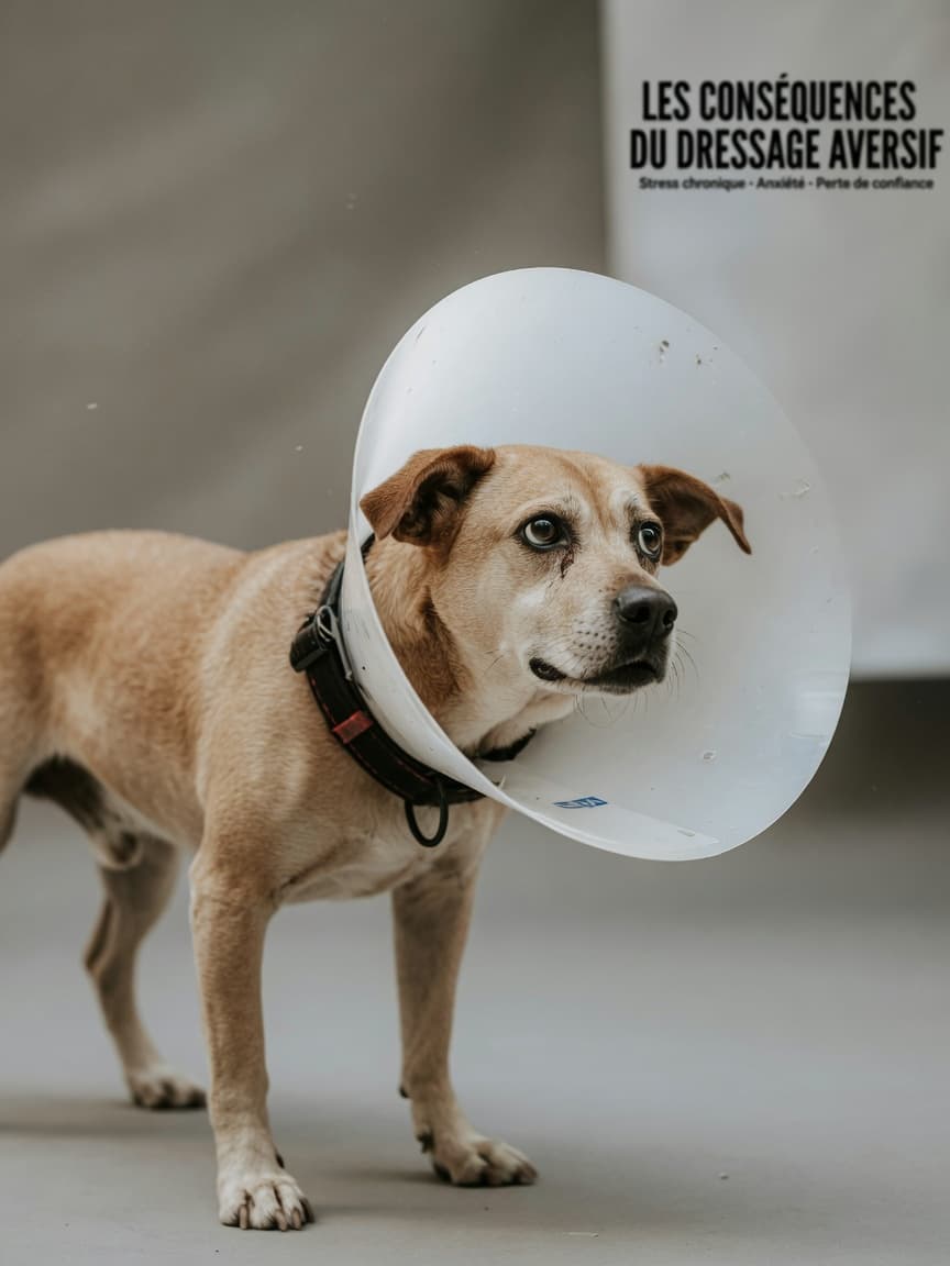 A nervous dog wearing an electronic training collar, showing visible signs of stress and fear