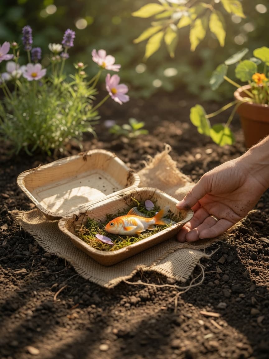 A small biodegradable container with a deceased pet fish wrapped in natural material, held gently in a garden with a human hand nearby in a respectful gesture