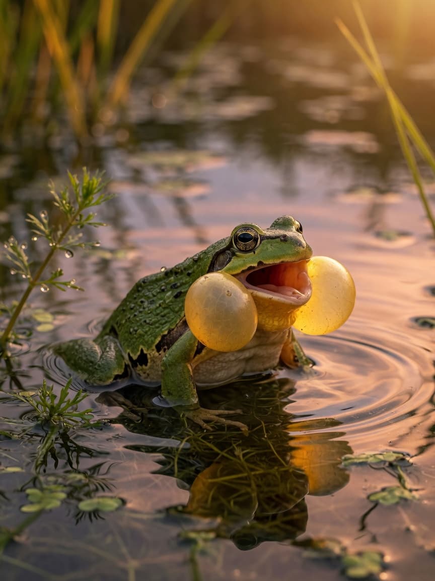 Male frog with inflated vocal sacs mid-croak in a shallow pond at golden hour