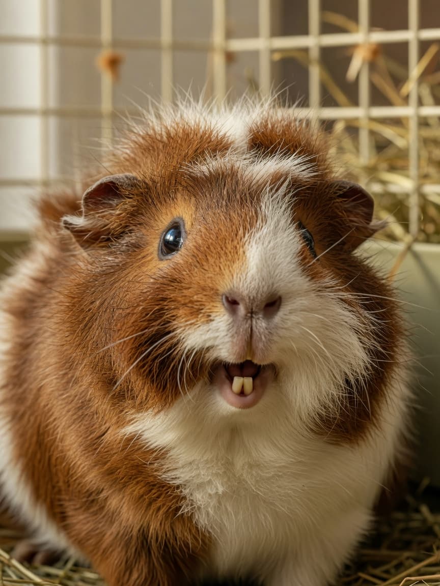 Close-up of a guinea pig with raised fur, chattering teeth, and defensive body language showing warning signs before a bite