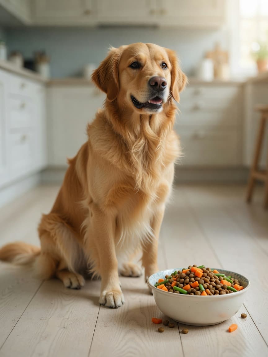 Golden Retriever beside a bowl of nutritious kibble with fresh vegetables including sweet potato, green beans and carrots on a kitchen floor, demonstrating high-fiber dog food.