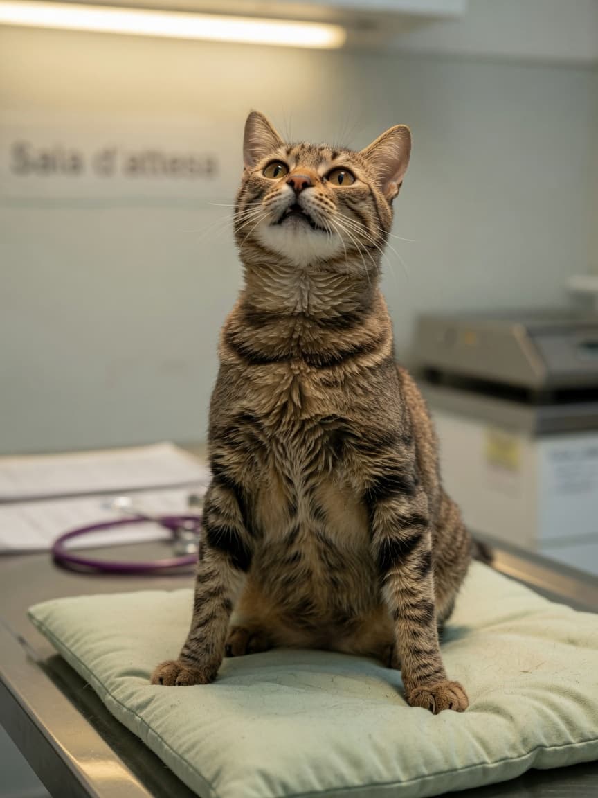 A tabby cat in respiratory distress posture with extended neck and visible labored breathing in a veterinary clinic setting