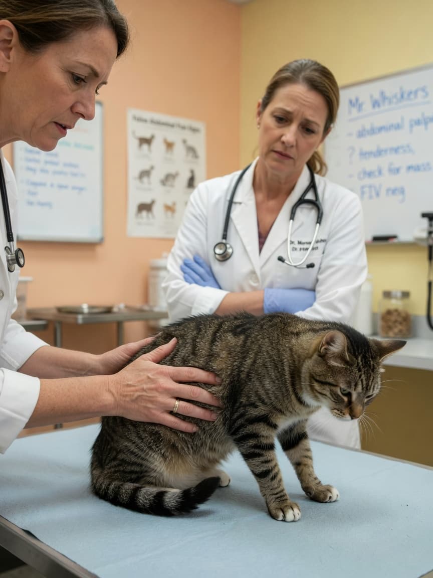 Veterinarian examining a constipated cat's abdomen while the concerned owner watches during a clinic consultation