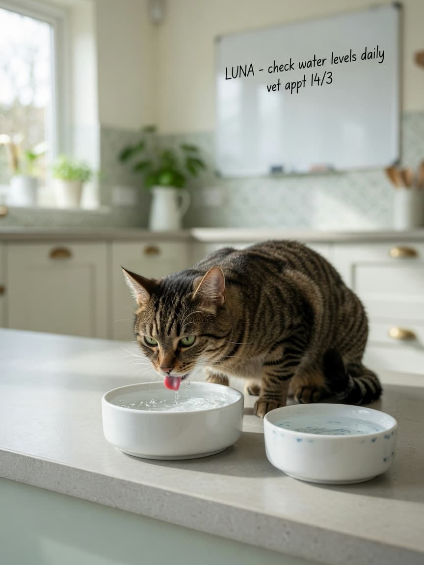 A tabby cat drinking from a ceramic water bowl, demonstrating excessive water intake behavior associated with polydipsia.