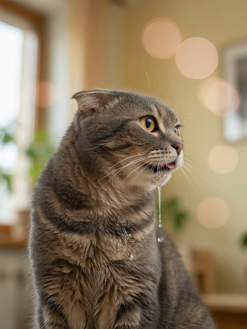 Close-up of a cat's face showing excessive drooling from the mouth