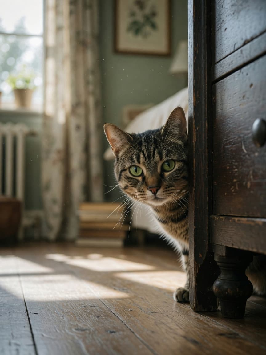 A tabby cat with green eyes hiding behind a wooden dresser, peeking out cautiously