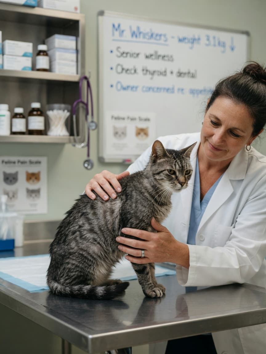 Senior tabby cat undergoing physical examination by veterinarian to investigate weight loss