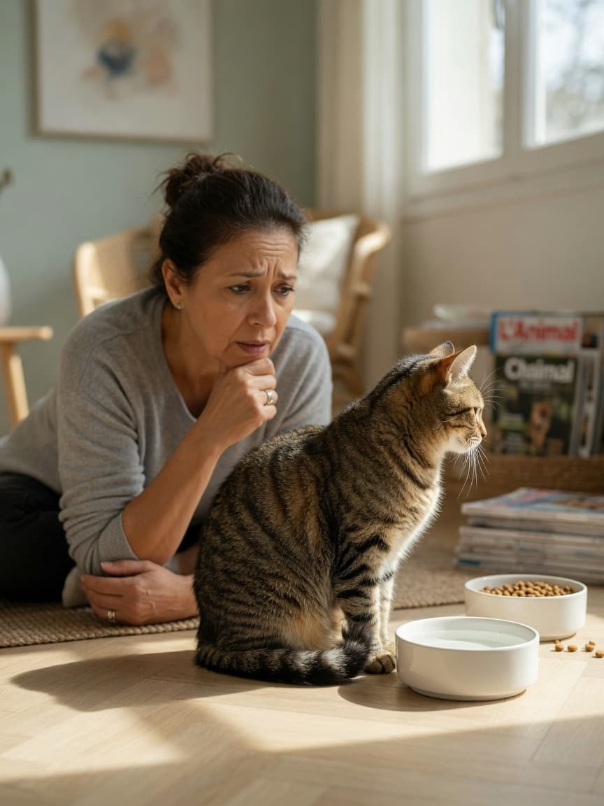 Cat owner watching their tabby cat ignore a water bowl in a bright living room