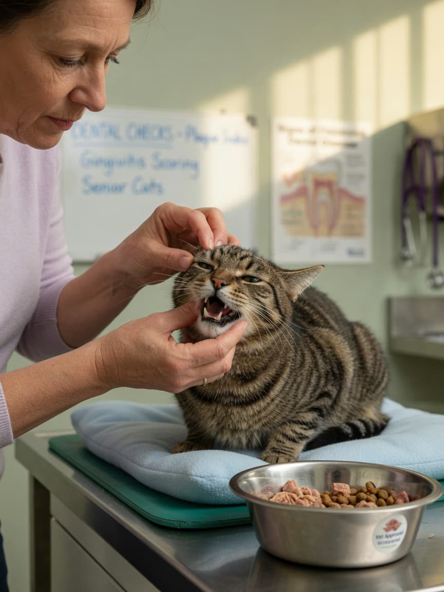 A cat owner gently examining their tabby cat's mouth to check for dental disease, with a full food bowl visible