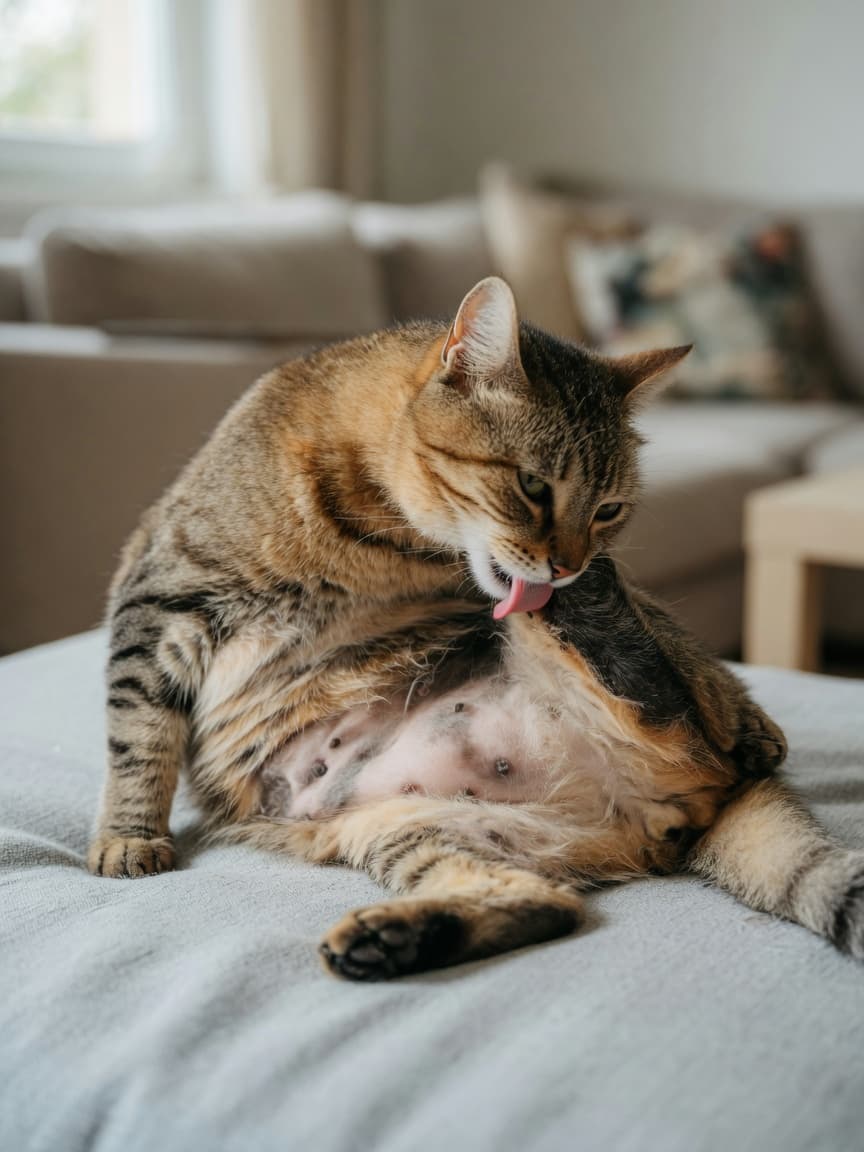 Tabby cat with visible bald patches and hair loss on belly and inner thighs, actively licking its leg in a repetitive grooming behavior