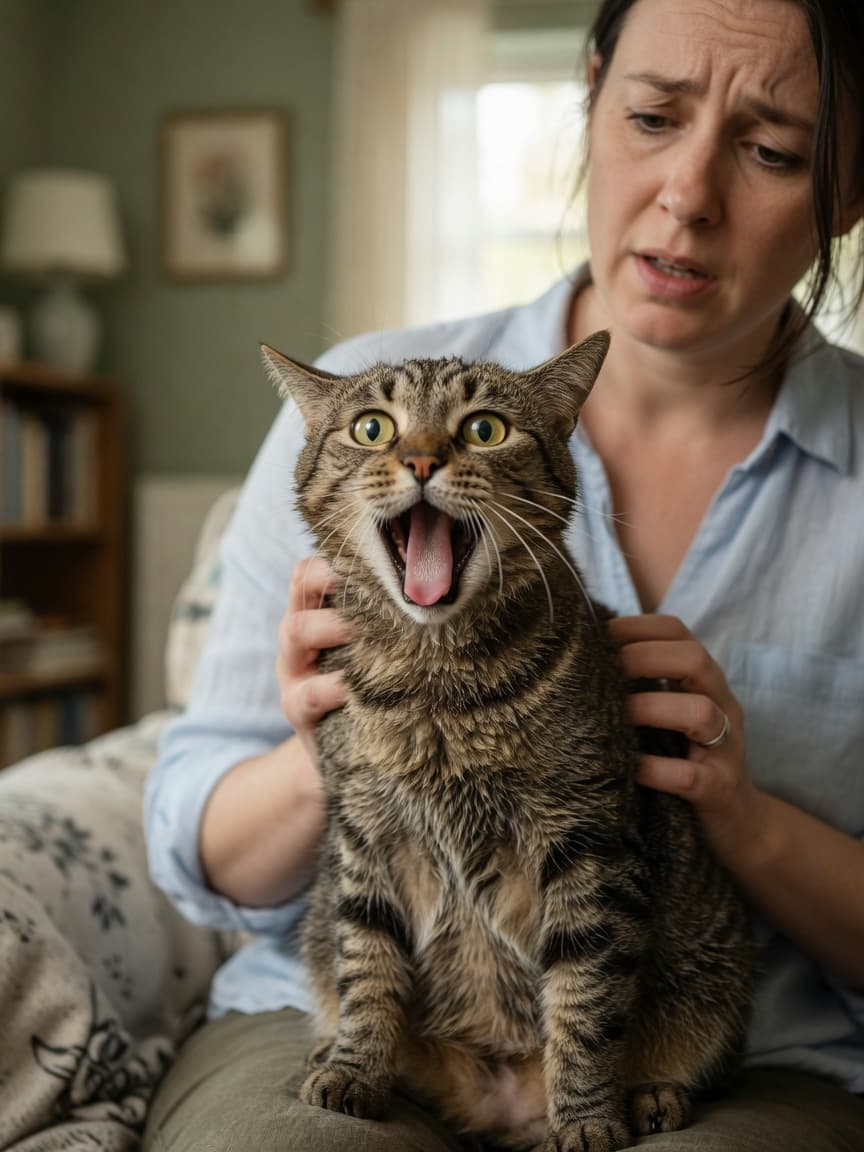 Tabby cat panting with open mouth showing respiratory distress, held by concerned owner in a home setting