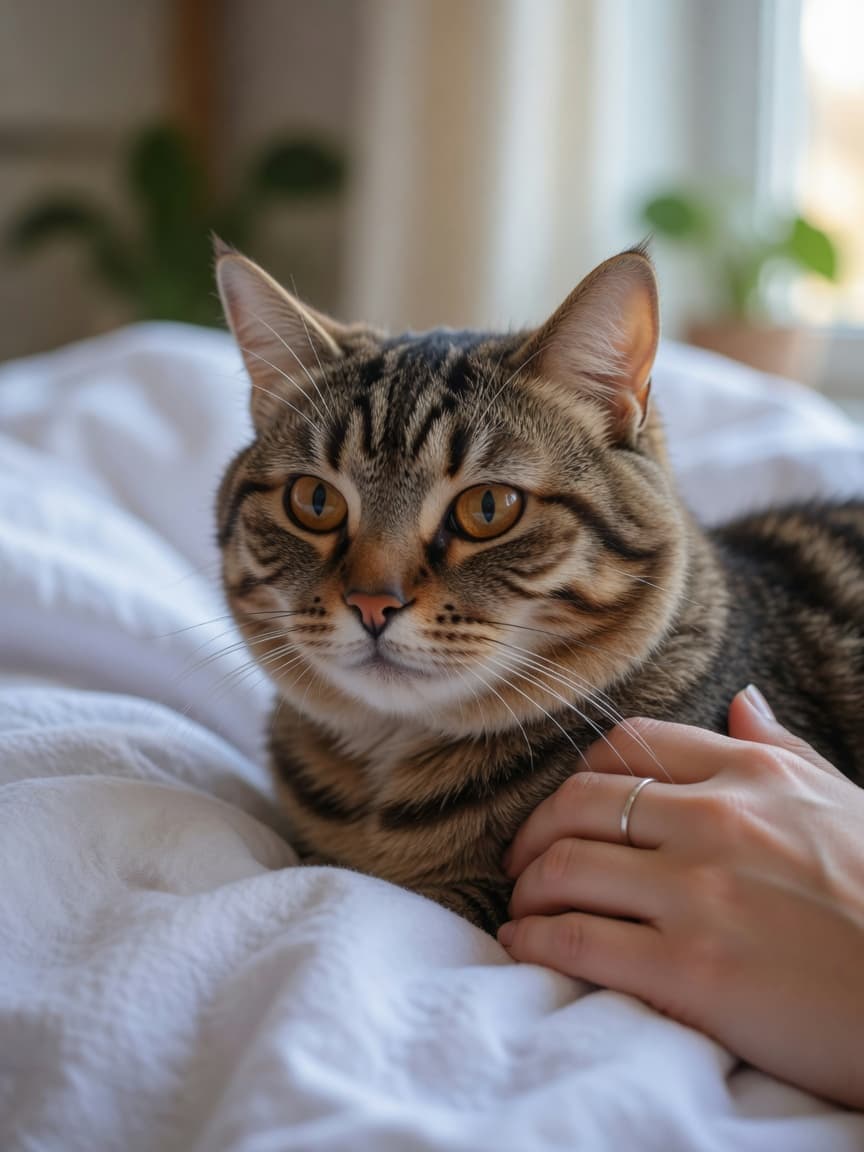 Close-up of a tabby cat with visible facial swelling on one side of the face, resting on a soft blanket with an owner's caring hand nearby
