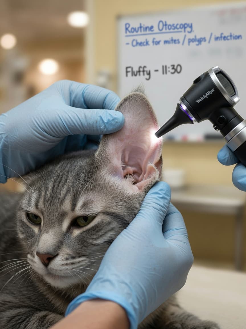 Veterinarian performing otoscopic examination of a cat's ear during a routine check-up