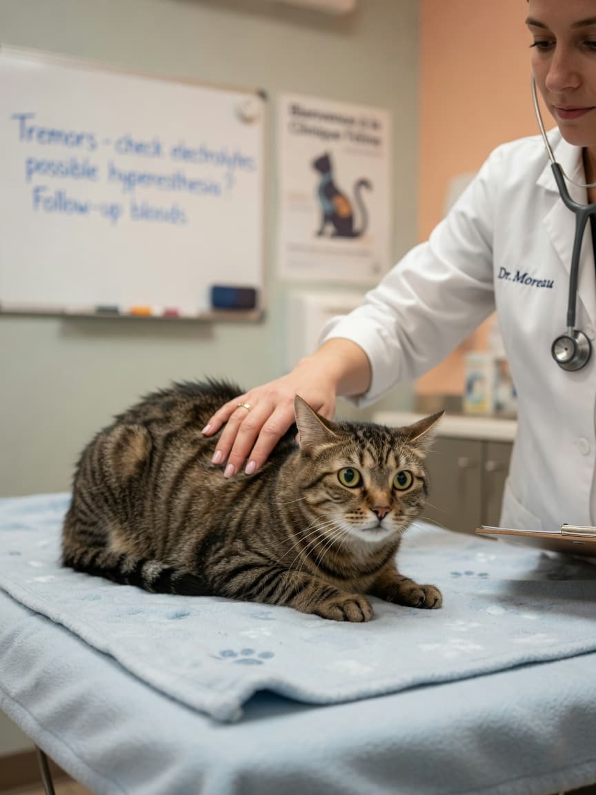 A trembling tabby cat on a vet examination table with owner and veterinarian present during assessment