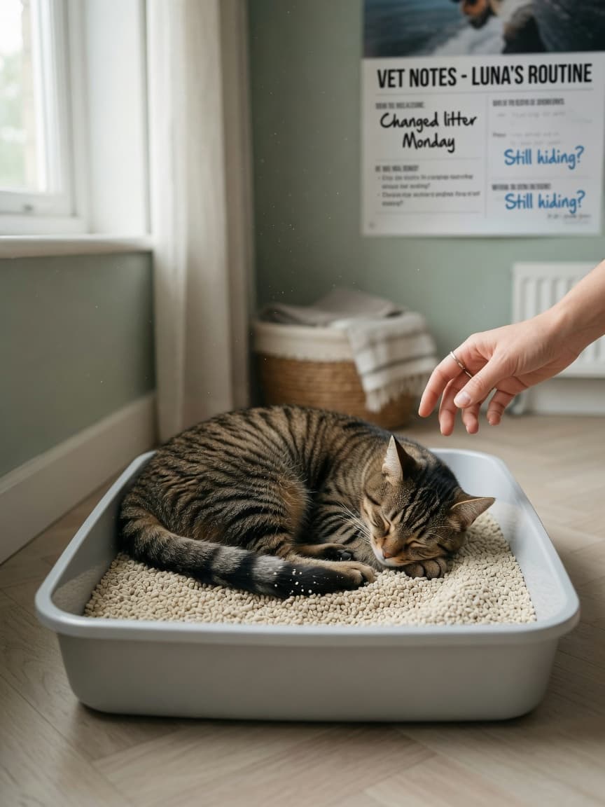 A cat sleeping in its litter box while an owner's hand gently hovers nearby, showing concern about the unusual behavior