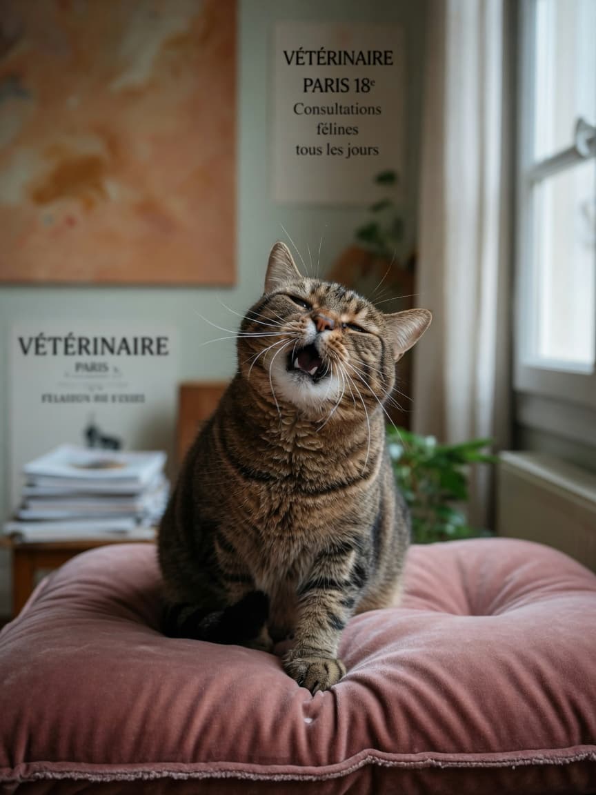 A tabby cat sneezing with head tilted back, showing mild nasal discharge, sitting on a soft cushion with warm natural light from a nearby window.