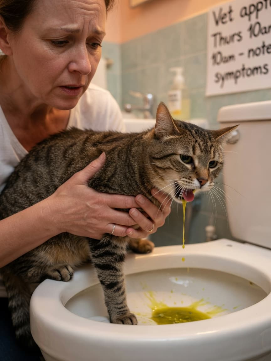 Cat owner supporting their tabby cat as it vomits yellow bile into a toilet