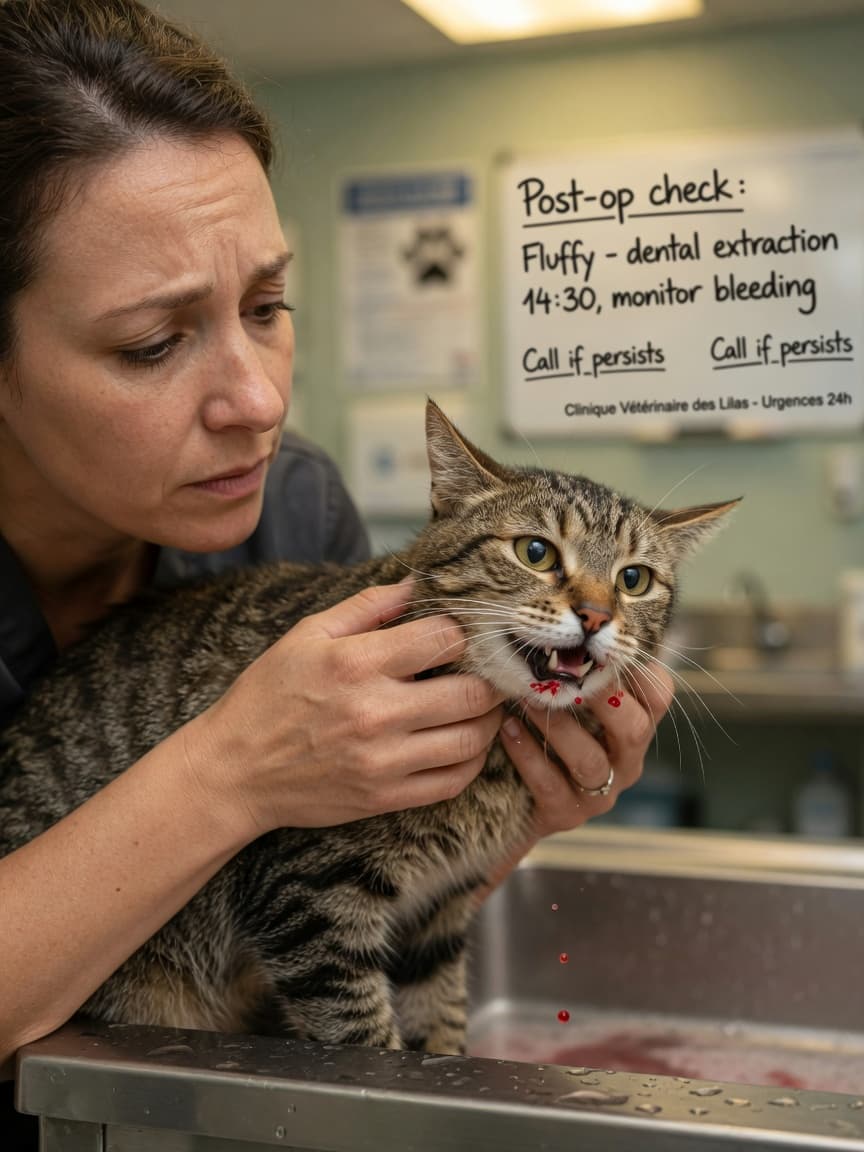 Worried cat owner holding distressed tabby cat showing signs of vomiting blood