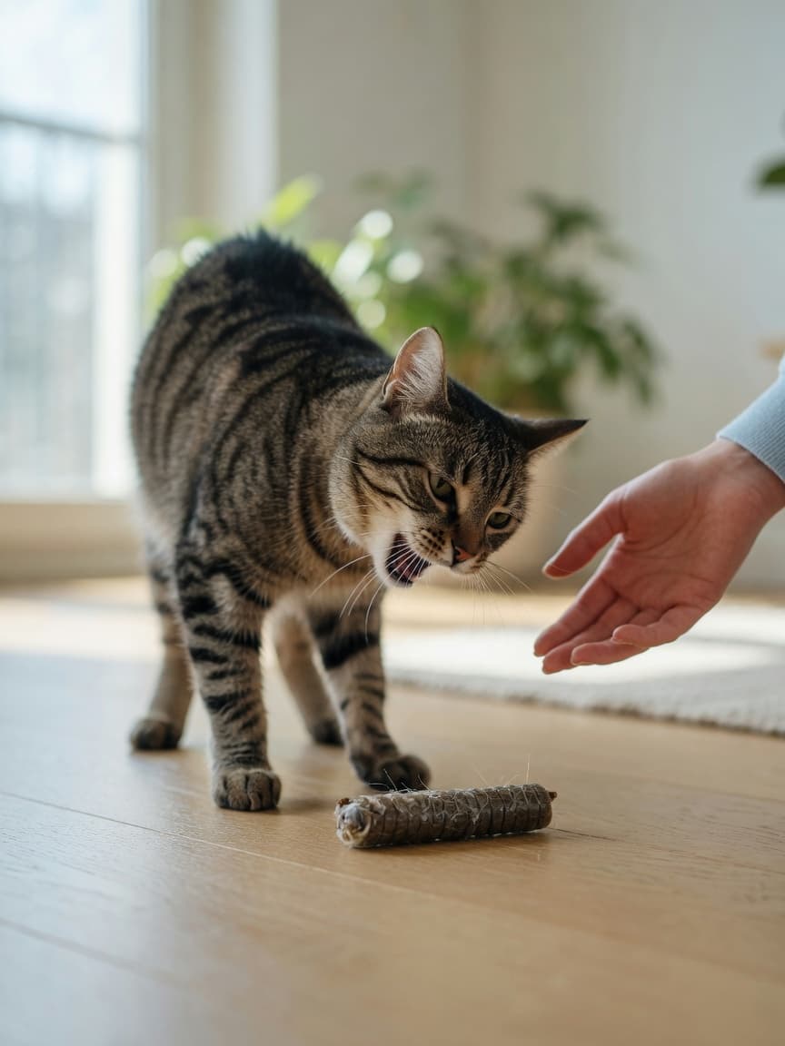 Tabby cat vomiting on hardwood floor with hairball material visible, owner's hand reaching toward cat in concern