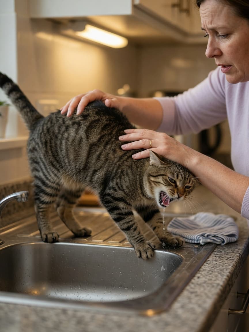 Cat owner supporting their vomiting tabby cat over a sink, showing active retching and abdominal contractions during a vomiting episode