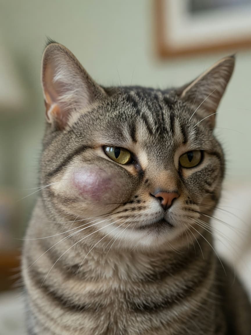 Close-up of a cat's swollen face showing localized facial swelling on the cheek and under the eye, indicating possible abscess or dental infection.