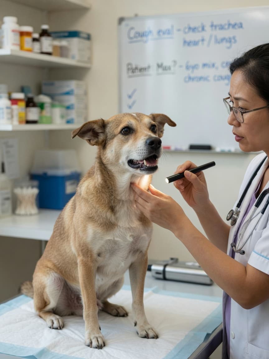 Veterinarian examining a coughing dog's throat during a clinical examination