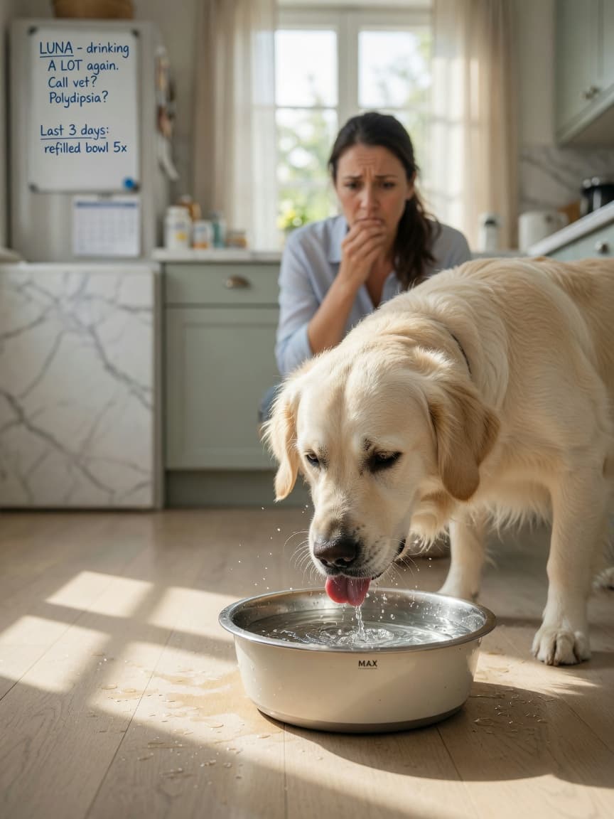 Golden Retriever drinking from water bowl while owner watches with concern in the background