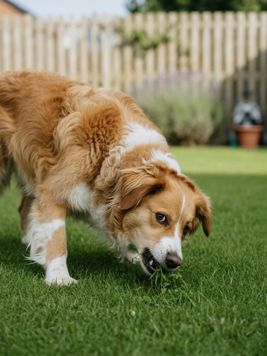 A dog actively eating grass from the lawn in a backyard, demonstrating normal canine grazing behavior