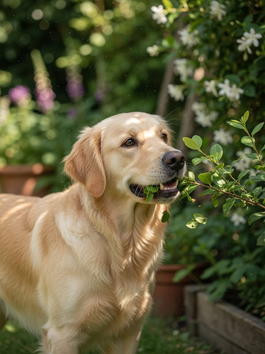 Golden retriever eating leaves from a garden shrub, demonstrating typical leaf-nibbling behaviour in dogs