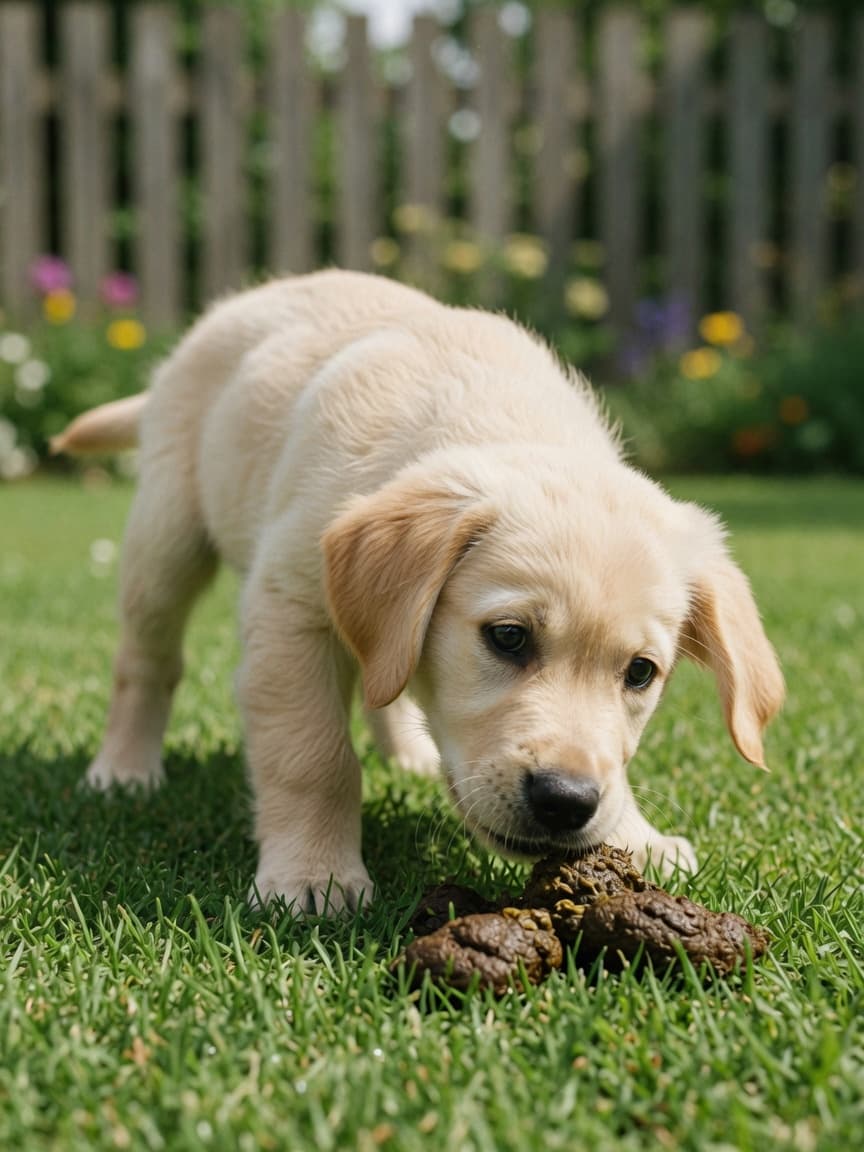 Golden retriever puppy with cream-colored fur exploring feces on grass in a sunny garden, showing natural puppy curiosity