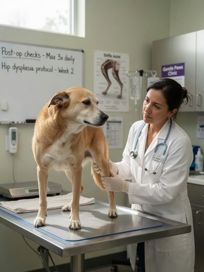Veterinarian gently examining a limping dog's rear leg on an examination table in a bright clinic