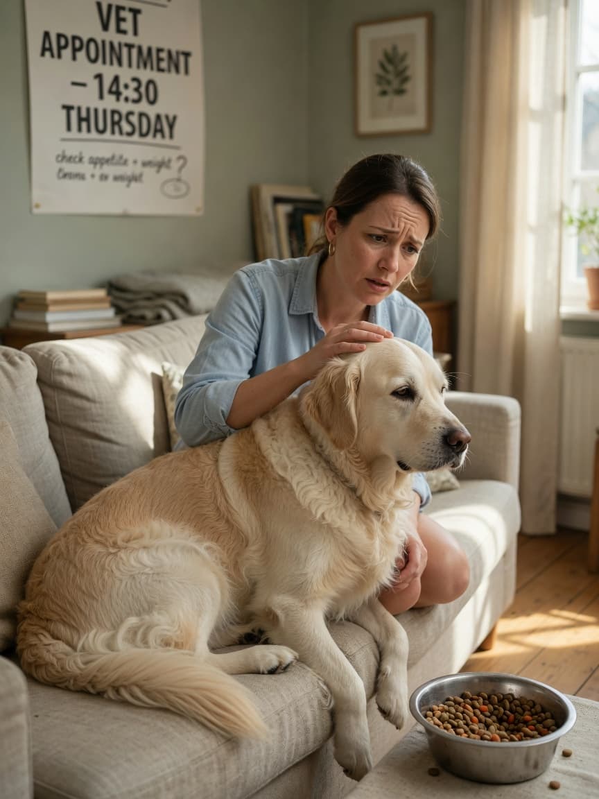 Dog owner looking concerned as their golden retriever ignores a full food bowl
