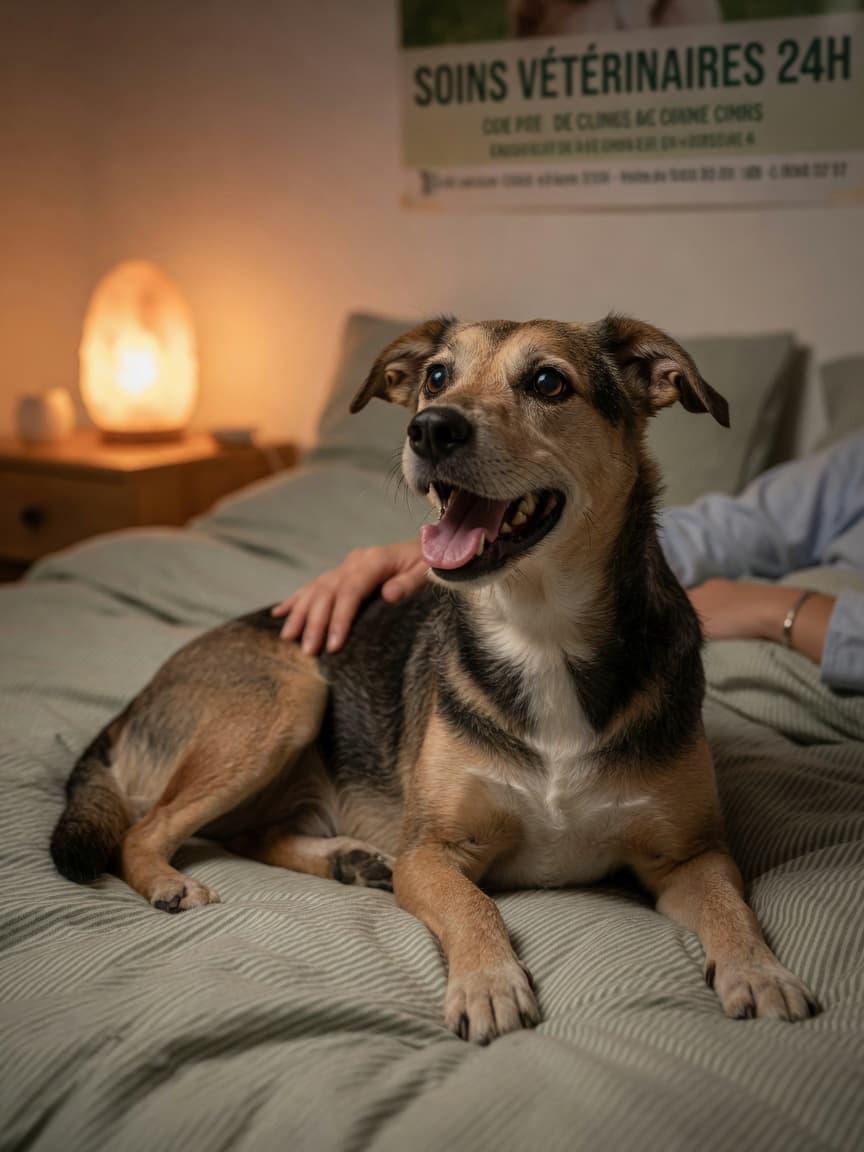 A restless dog panting heavily at night in bed while an owner's hand gently touches its back, showing signs of nighttime distress