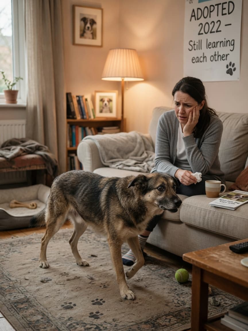 Anxious dog pacing indoors with worried owner on couch in background