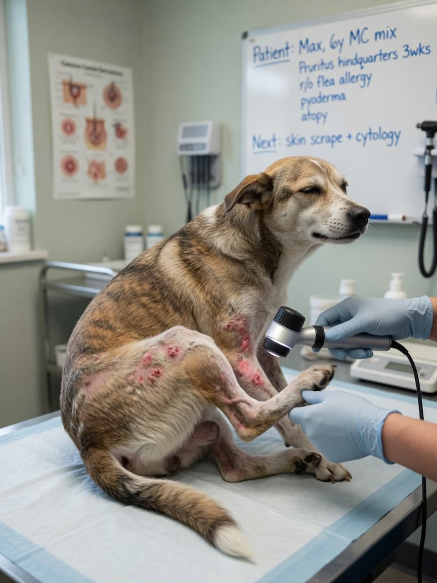 Veterinarian examining a dog's inflamed skin and hair loss on its hind leg during a dermatology check
