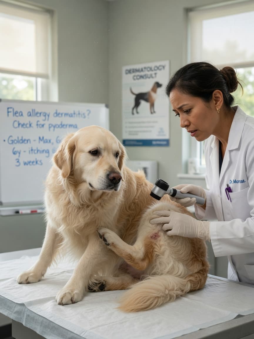 Golden retriever scratching intensely while veterinarian examines its skin in a clinical setting