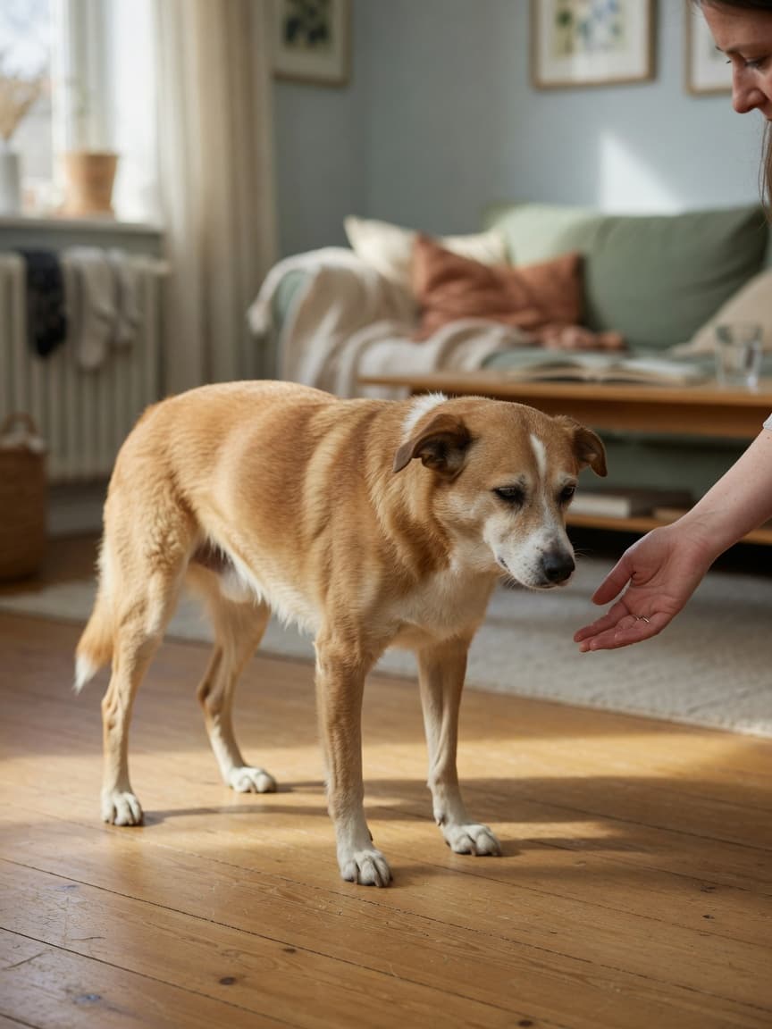 A trembling dog with tan and white coat showing signs of distress while owner's hand reaches toward it in a warm, softly-lit living room