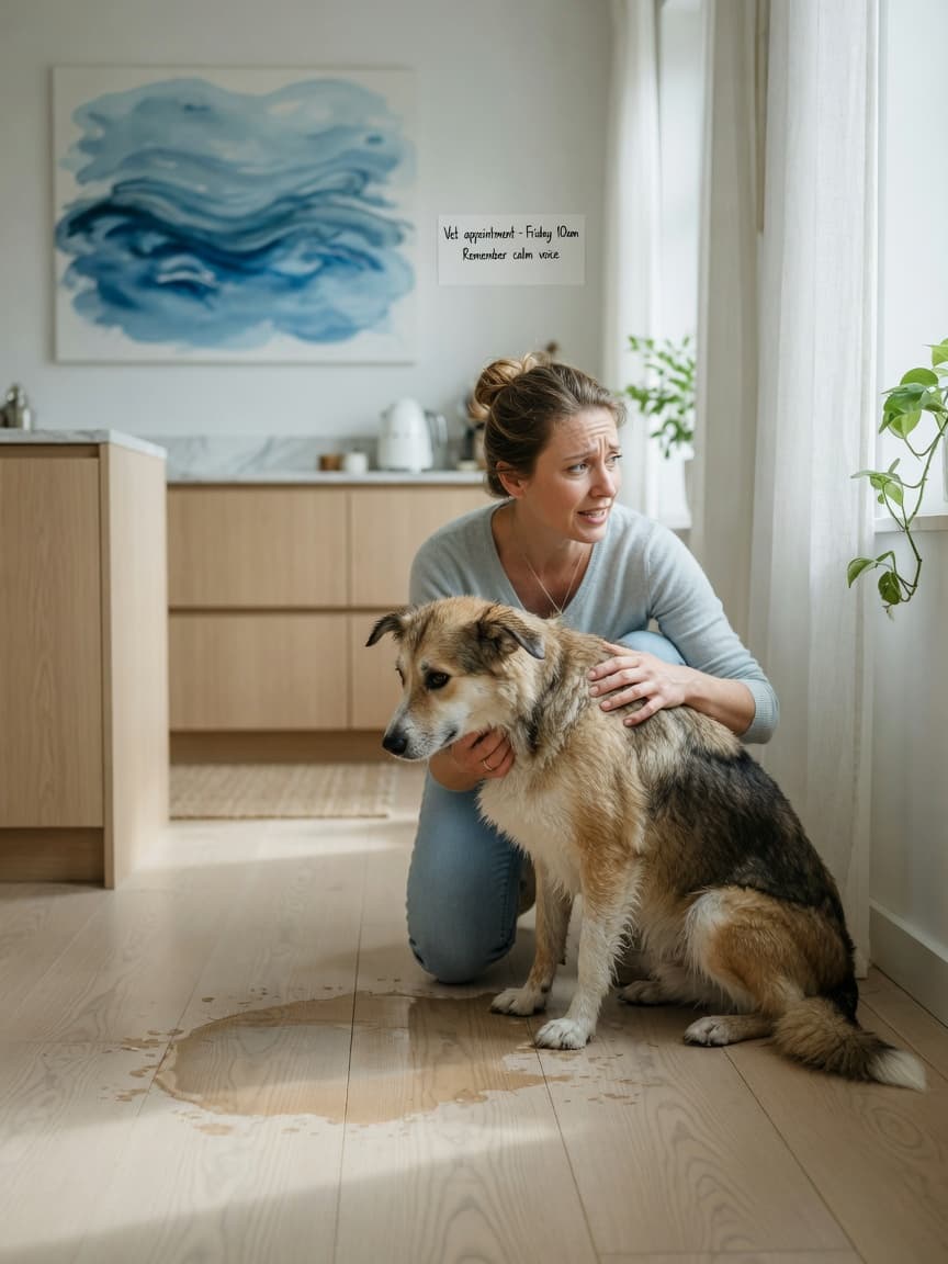 Dog owner comforting their dog beside a wet spot on a wooden floor indoors, showing compassionate concern about house training accident